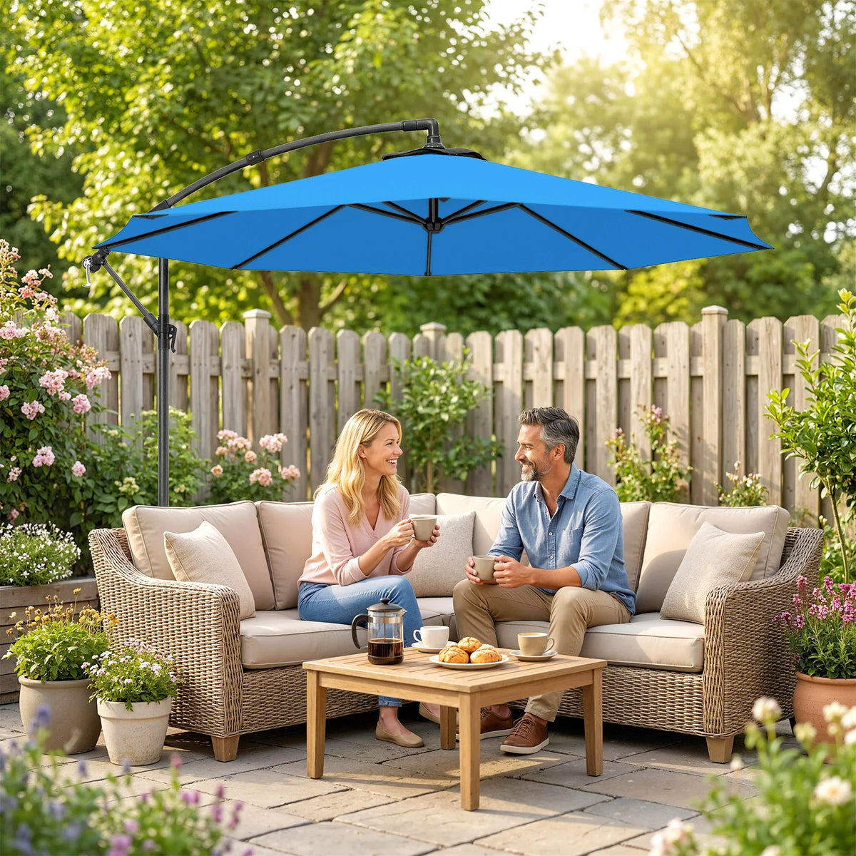 Blue 3m cantilever parasol over outdoor seating, black frame and open canopy