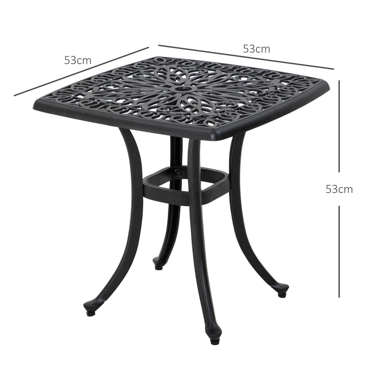 Black square bistro table with ornate lattice surface and umbrella-hole design, four legs
