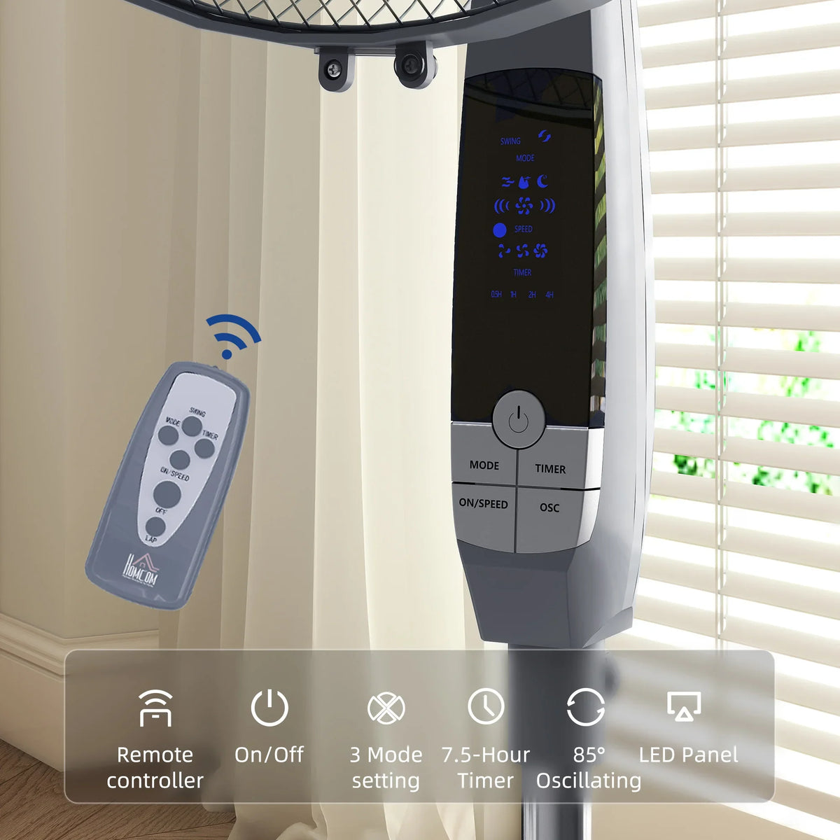 Grey pedestal floor fan with LED control panel and remote control for operation