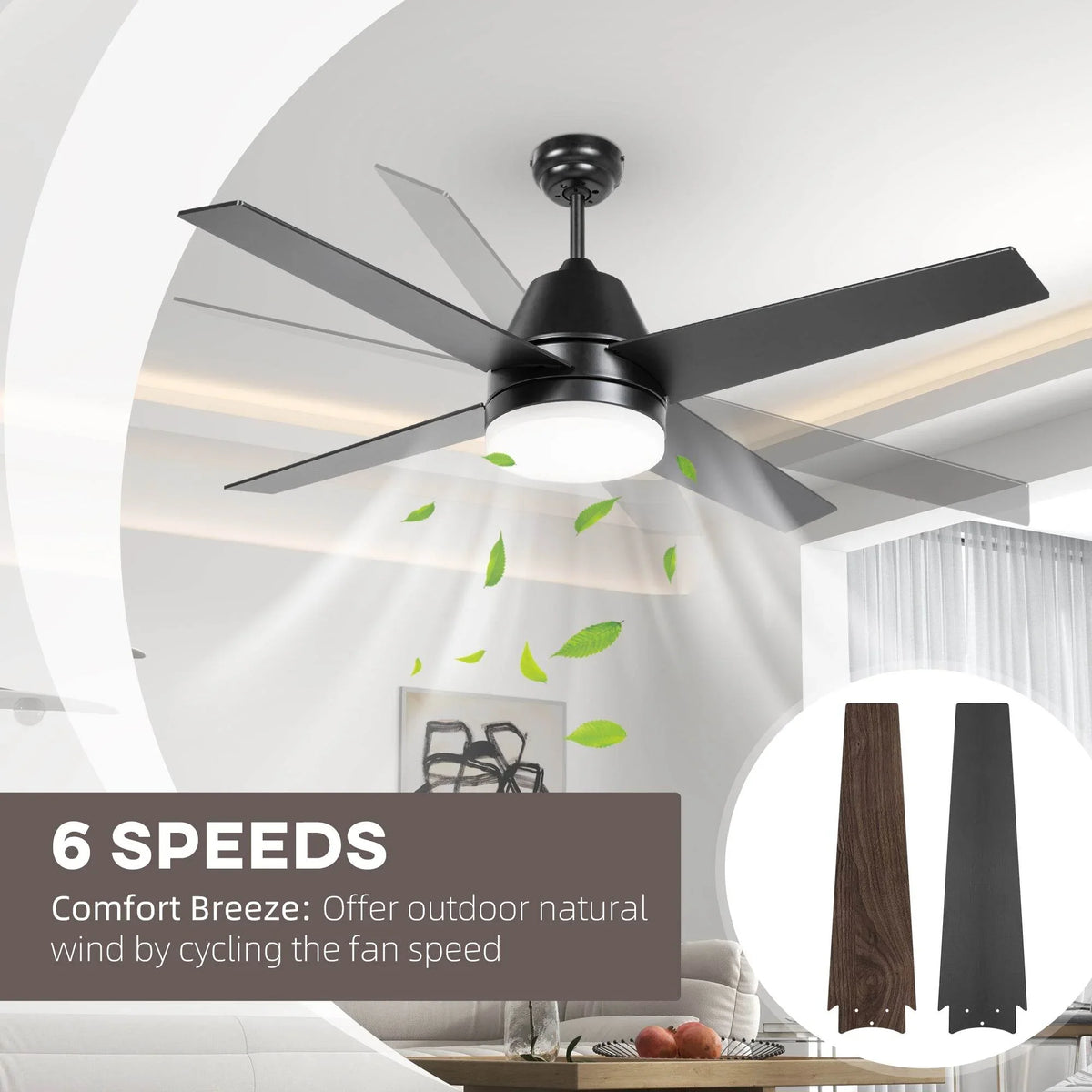 Black 5-blade ceiling fan with LED light and airflow leaf effect