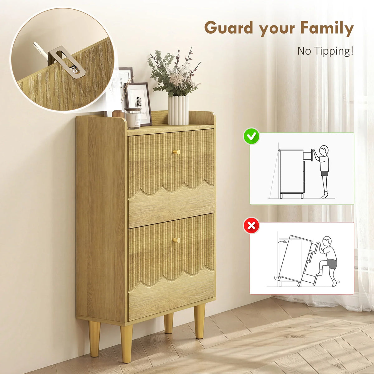 Oak slim shoe cabinet with anti-tip guard and scratch-free foot pads