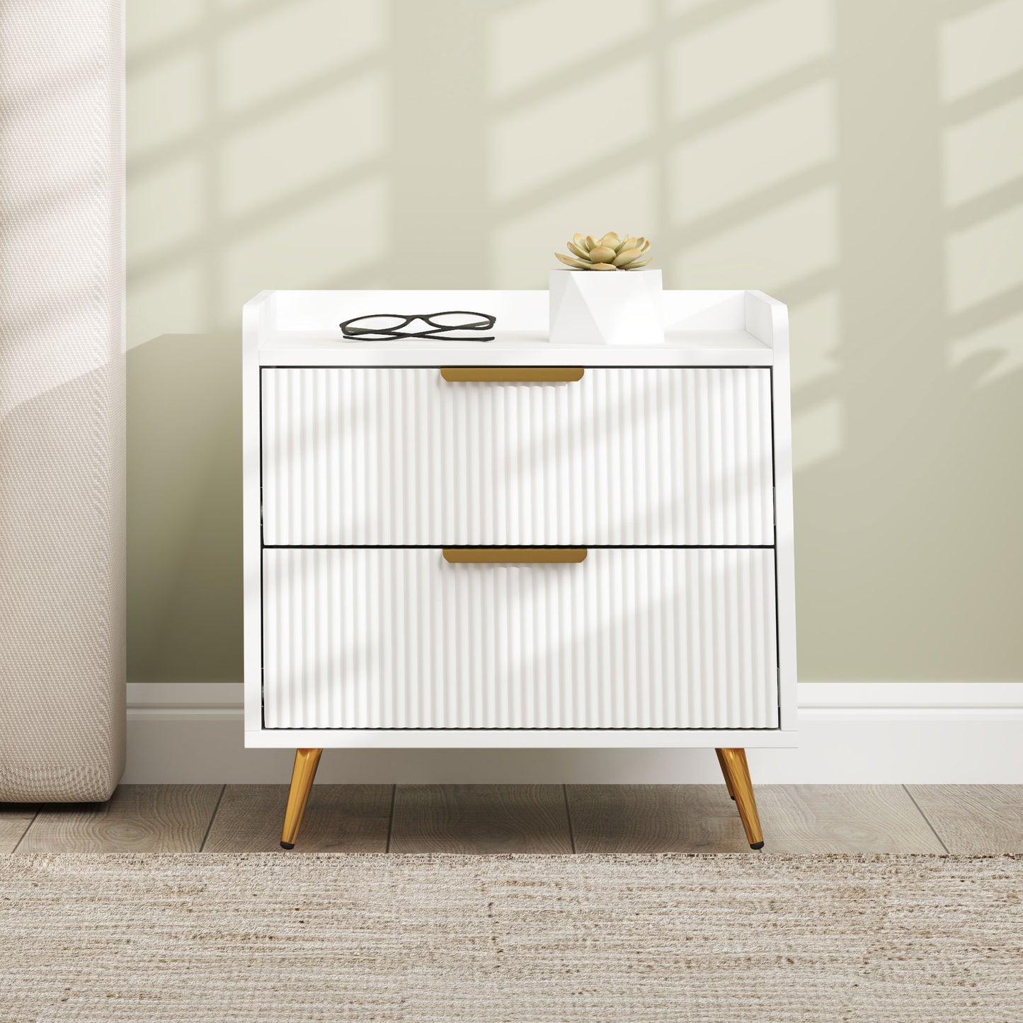 HOMCOM Elegant Two Drawer Bedside Tables Set Of 2 White With Ridged Fronts And Gold Tone Handles