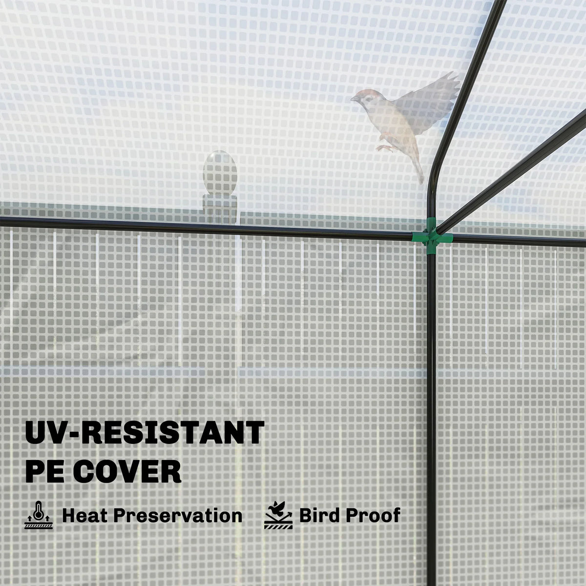 White PE cover greenhouse corner with mesh fabric and metal frame tube