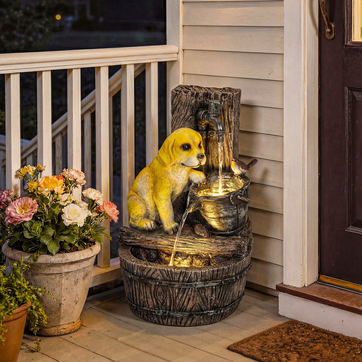 Outsunny 3 Tier Rustic Puppy Garden Water Feature Freestanding Resin With LED Lights Adjustable Flow Rustic Brown