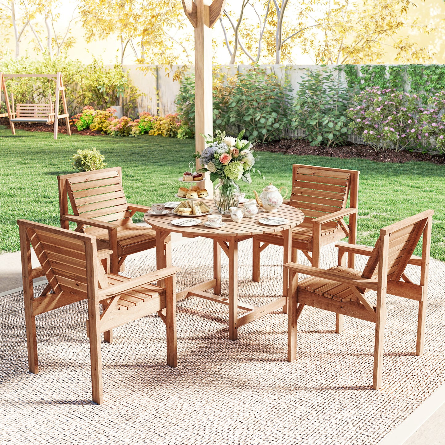 Outsunny 5 Piece Garden Dining Set With Parasol Hole Round Outdoor Table And Chairs 4 Seater Wooden Furniture Natural