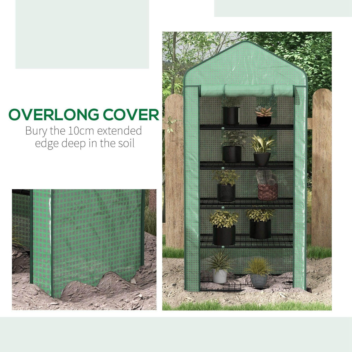 Green mini greenhouse with PE cover and roll-up door, outdoor installation shown