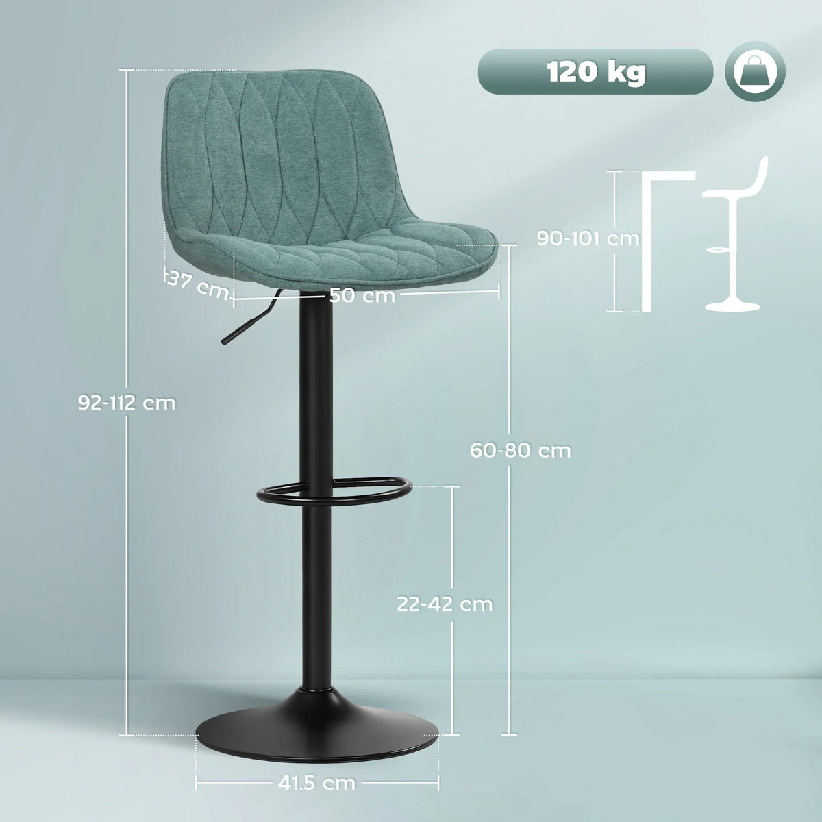 Teal bar stool with tufted back, padded seat, adjustable height pedestal base