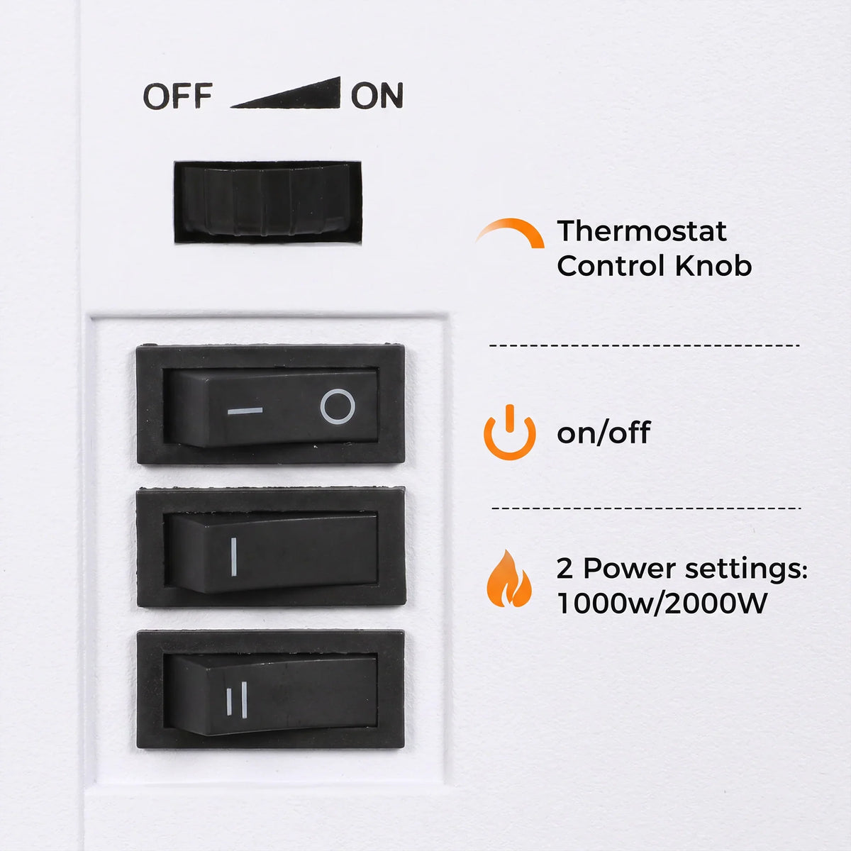 White electric fireplace control panel with thermostat knob and on/off power switches