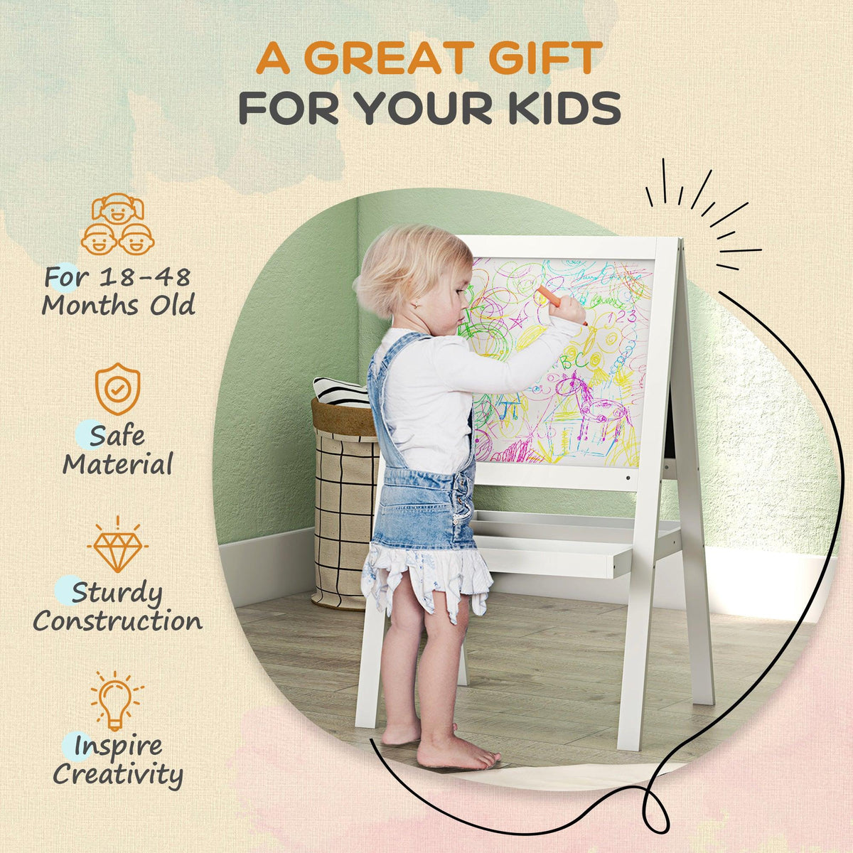 Kids double-sided art easel with white frame; toddler drawing on colorful whiteboard