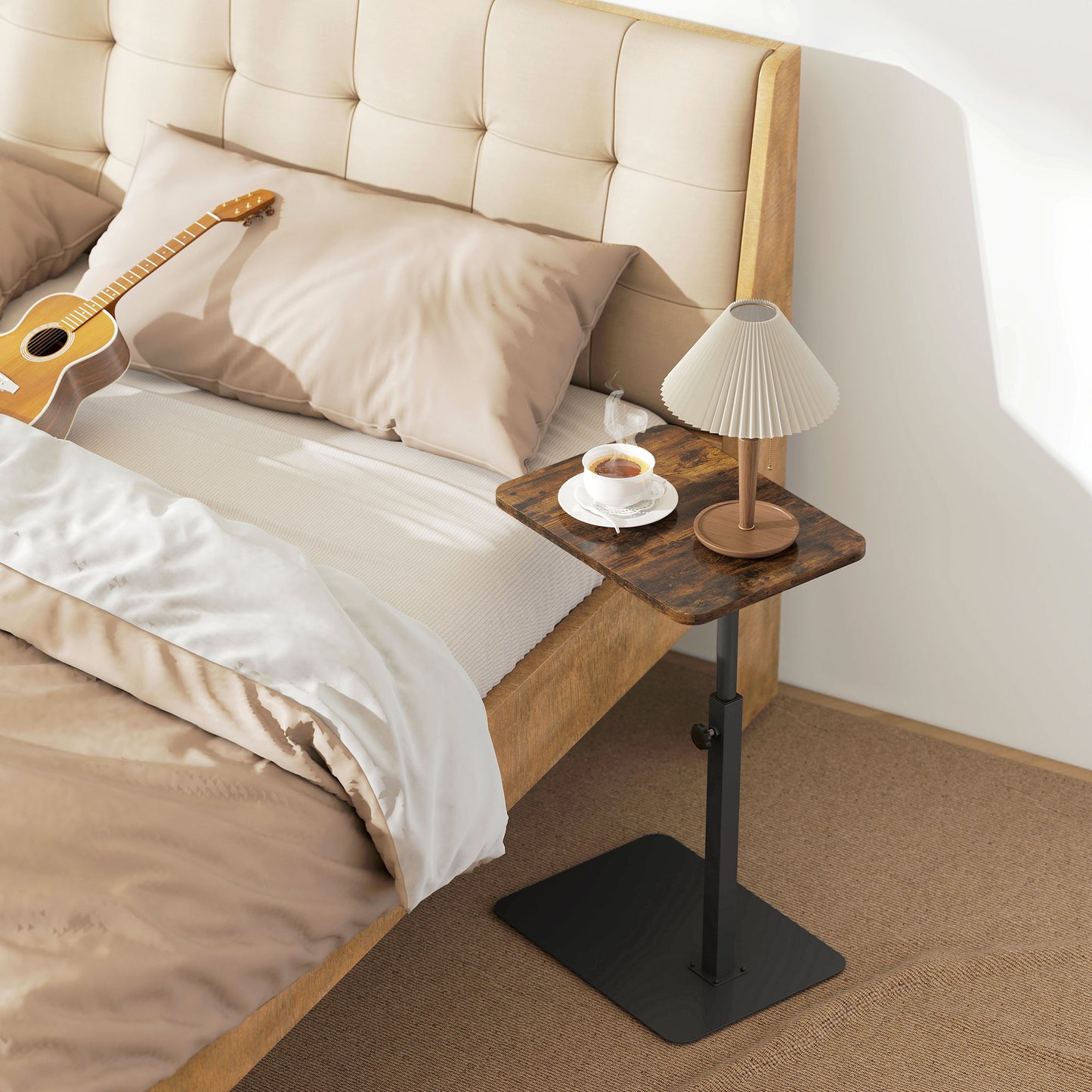 HOMCOM C Shaped End Table With Adjustable Height And Metal Base For Living Room Bedroom Rustic Brown