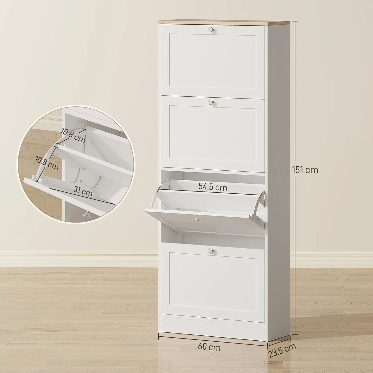 White shoe cabinet with flip-open top shelf and drawers; side view