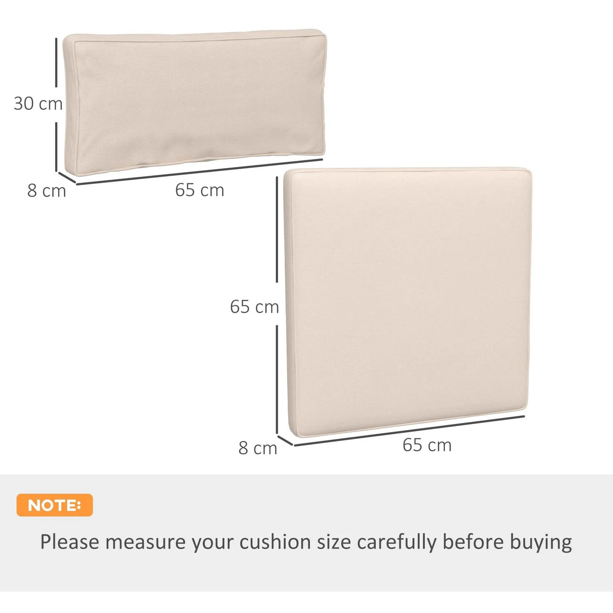 Beige seat and back replacement cushions, rectangular with stitched edges