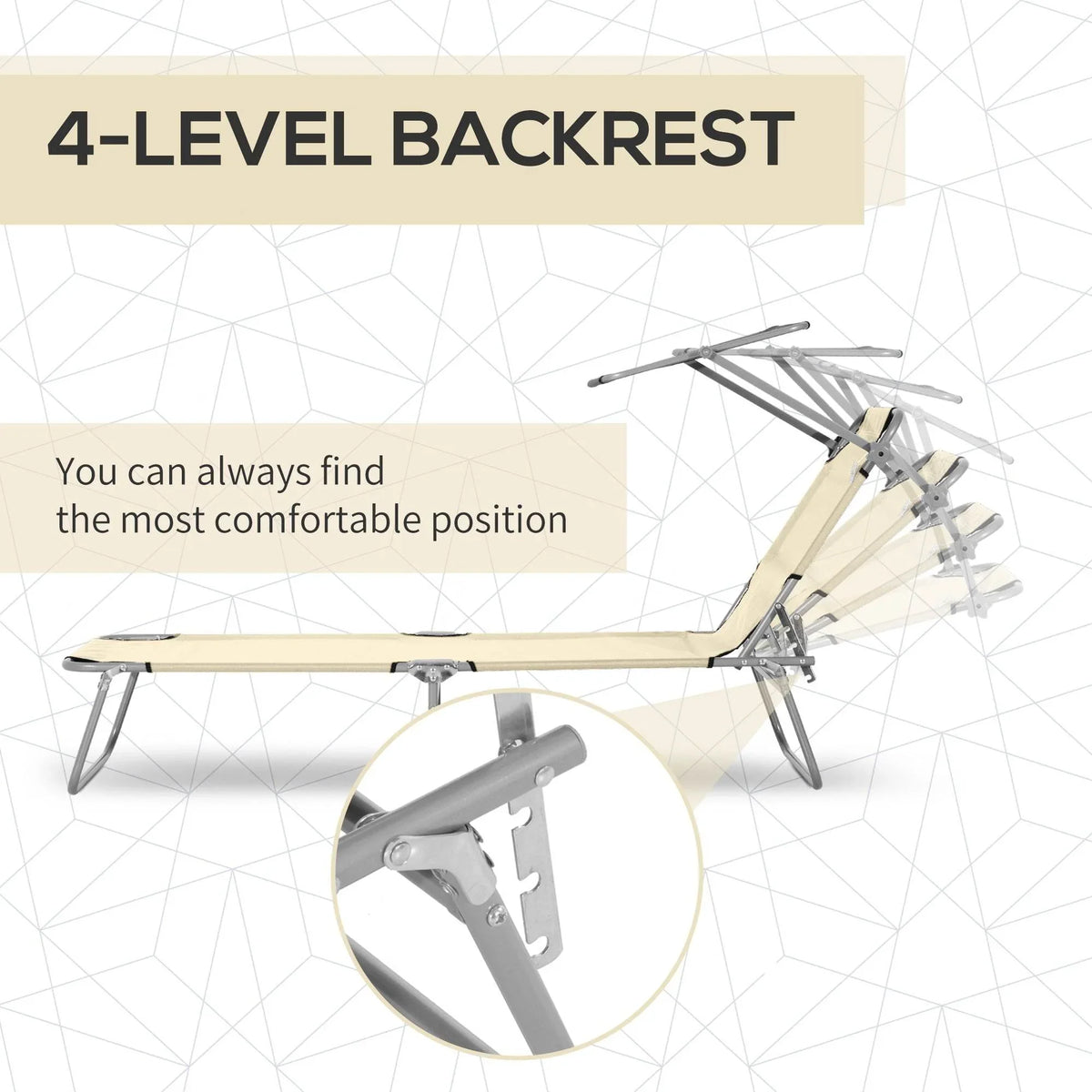 Beige sun lounger with 4-position adjustable backrest and metal frame
