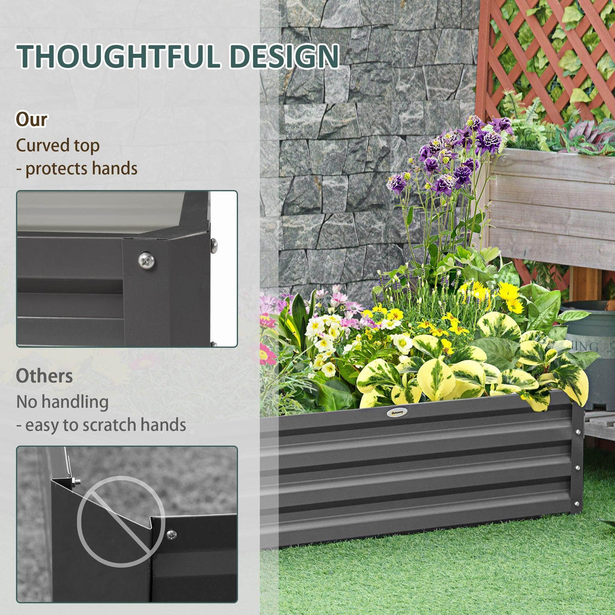 Light grey raised garden bed with curved protective top edge and steel side frame