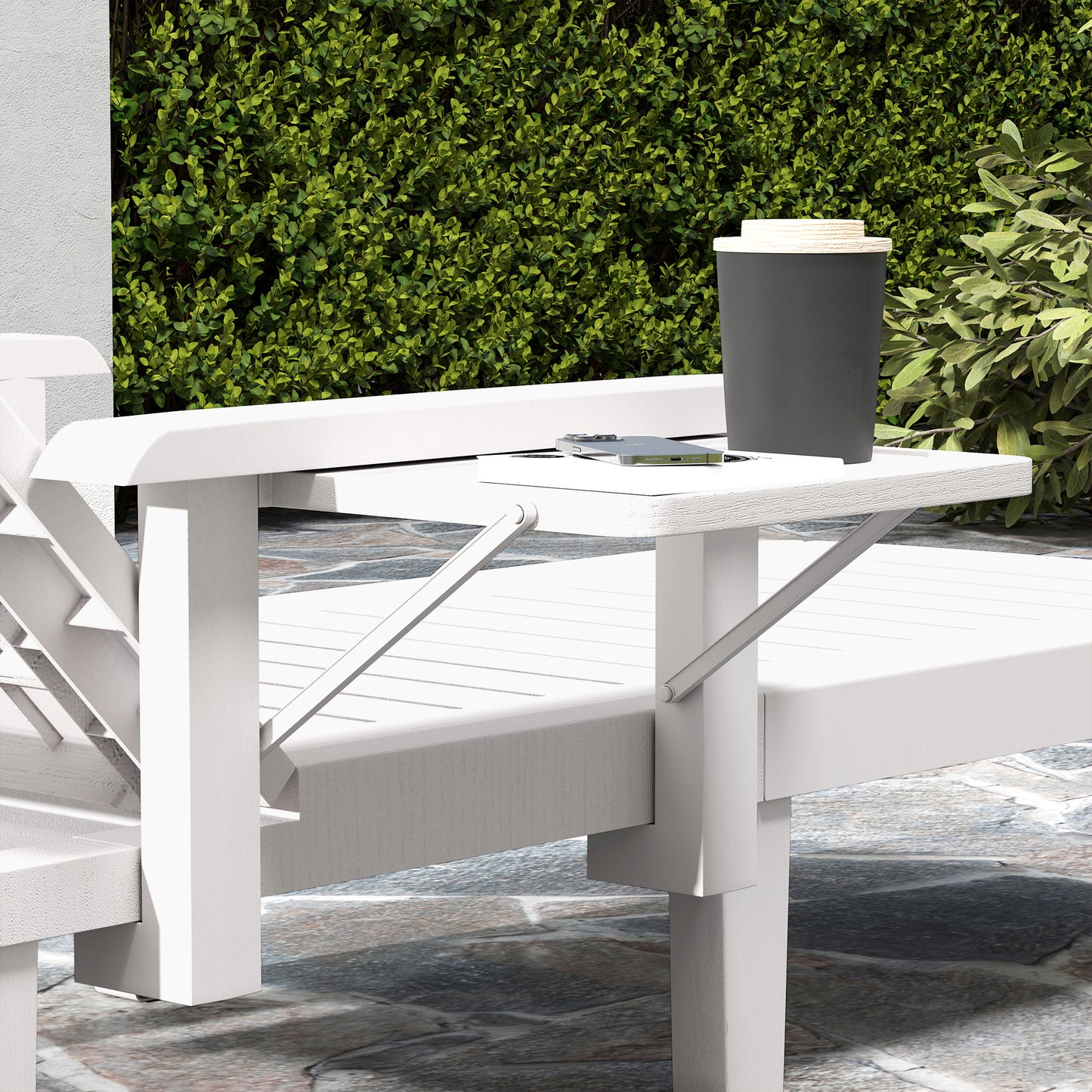 Outsunny Set Of 2 Resin Sun Loungers For Garden With Wood Grain Surface Armrests And Foldable Side Table White