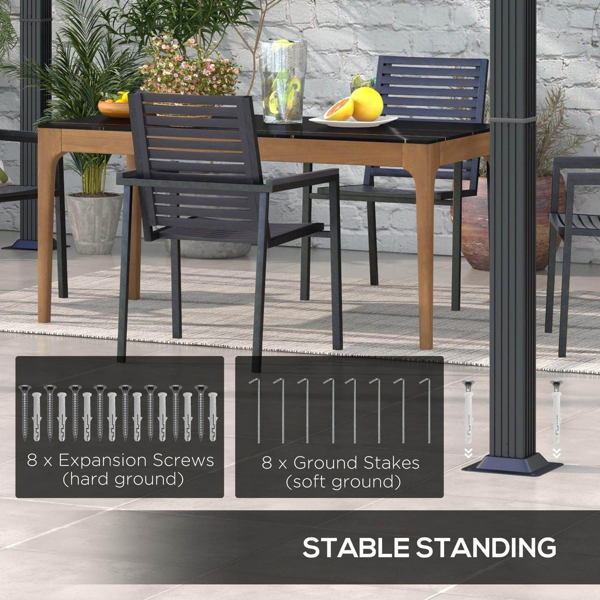 Retractable pergola with dark grey frame and canopy, patio dining set nearby with hardware