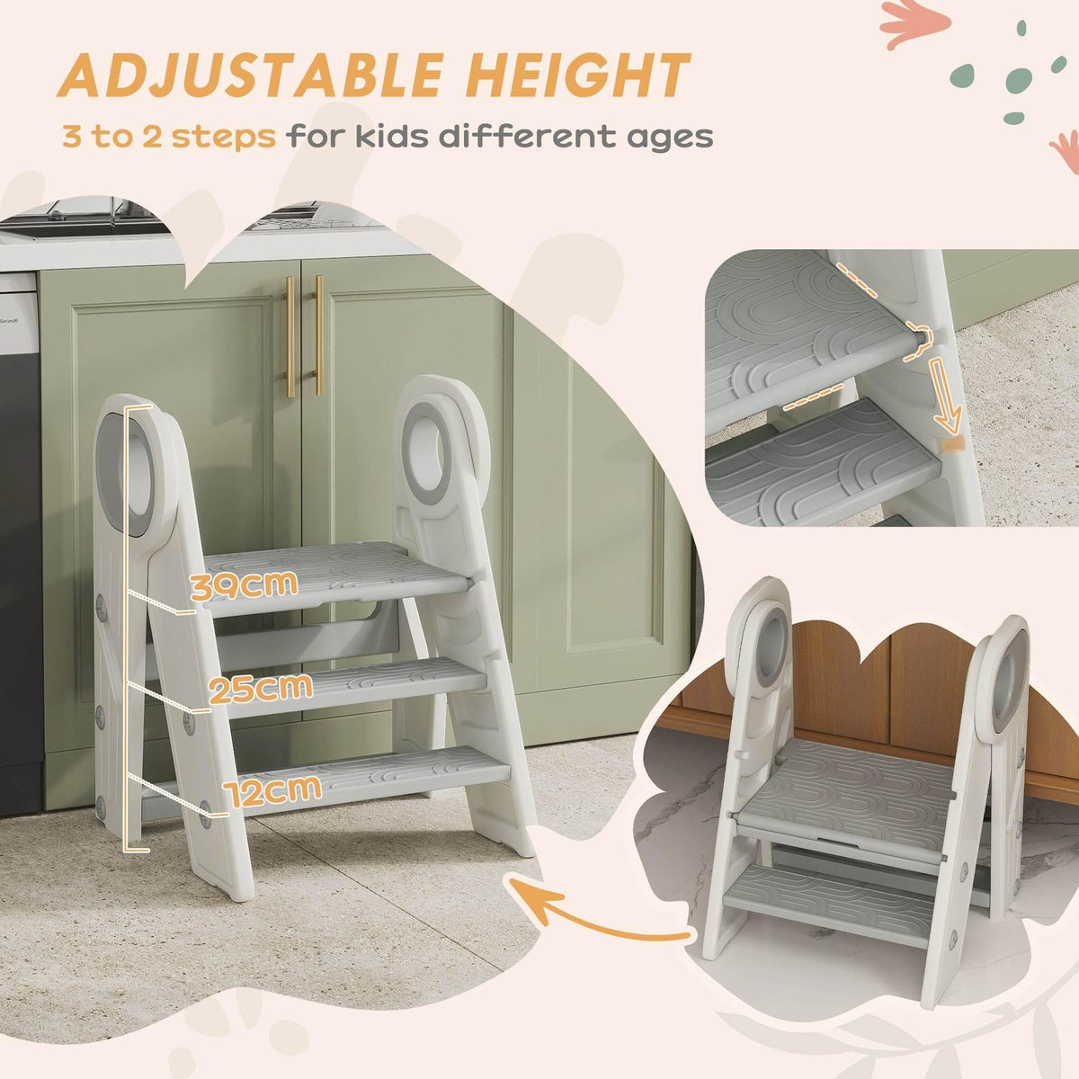 Adjustable toddler step stool with light gray steps and white frame, 3-step height design.