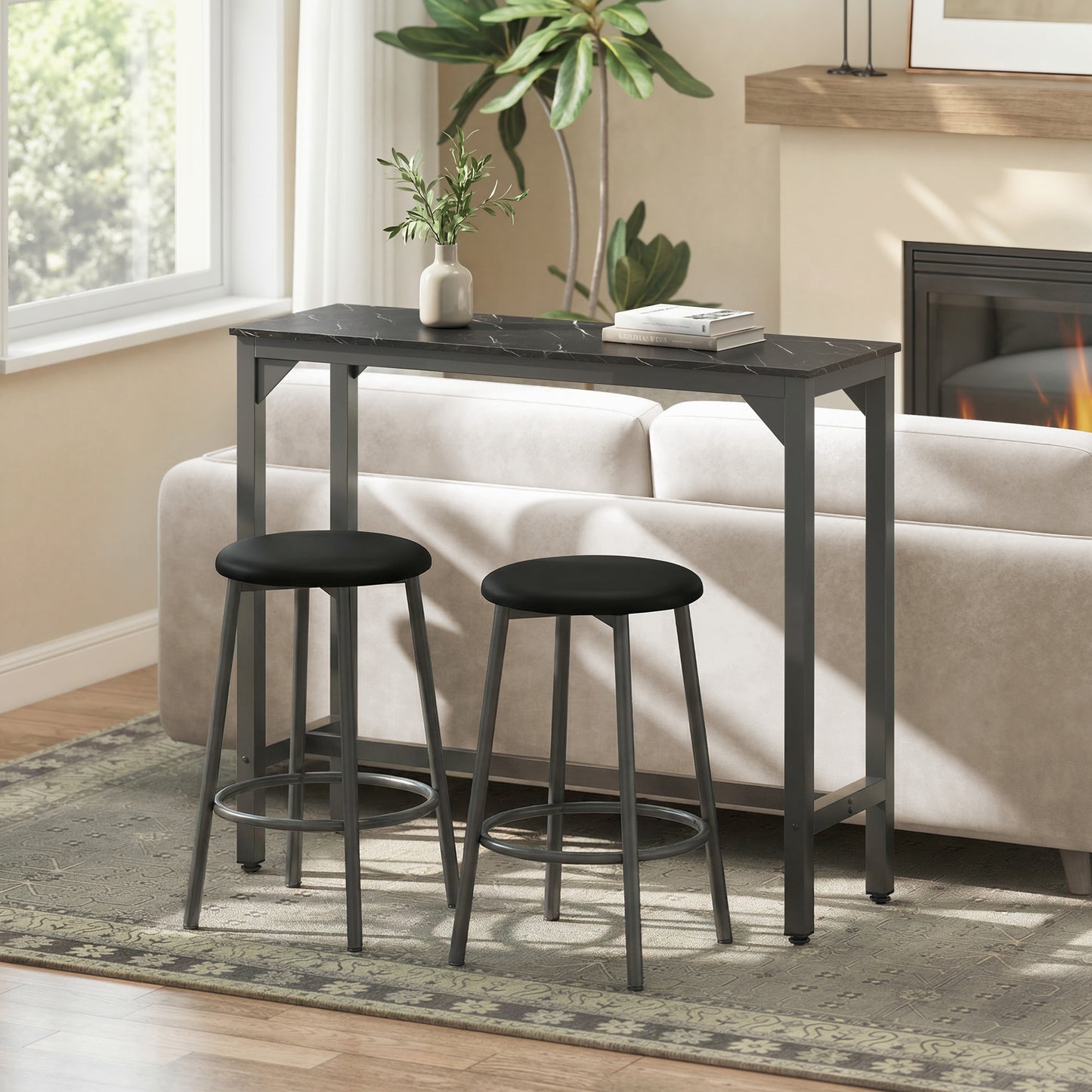 HOMCOM Rectangular Bar Table Marble Effect Pub Coffee Table For Small Spaces Breakfast Dining Black Marble