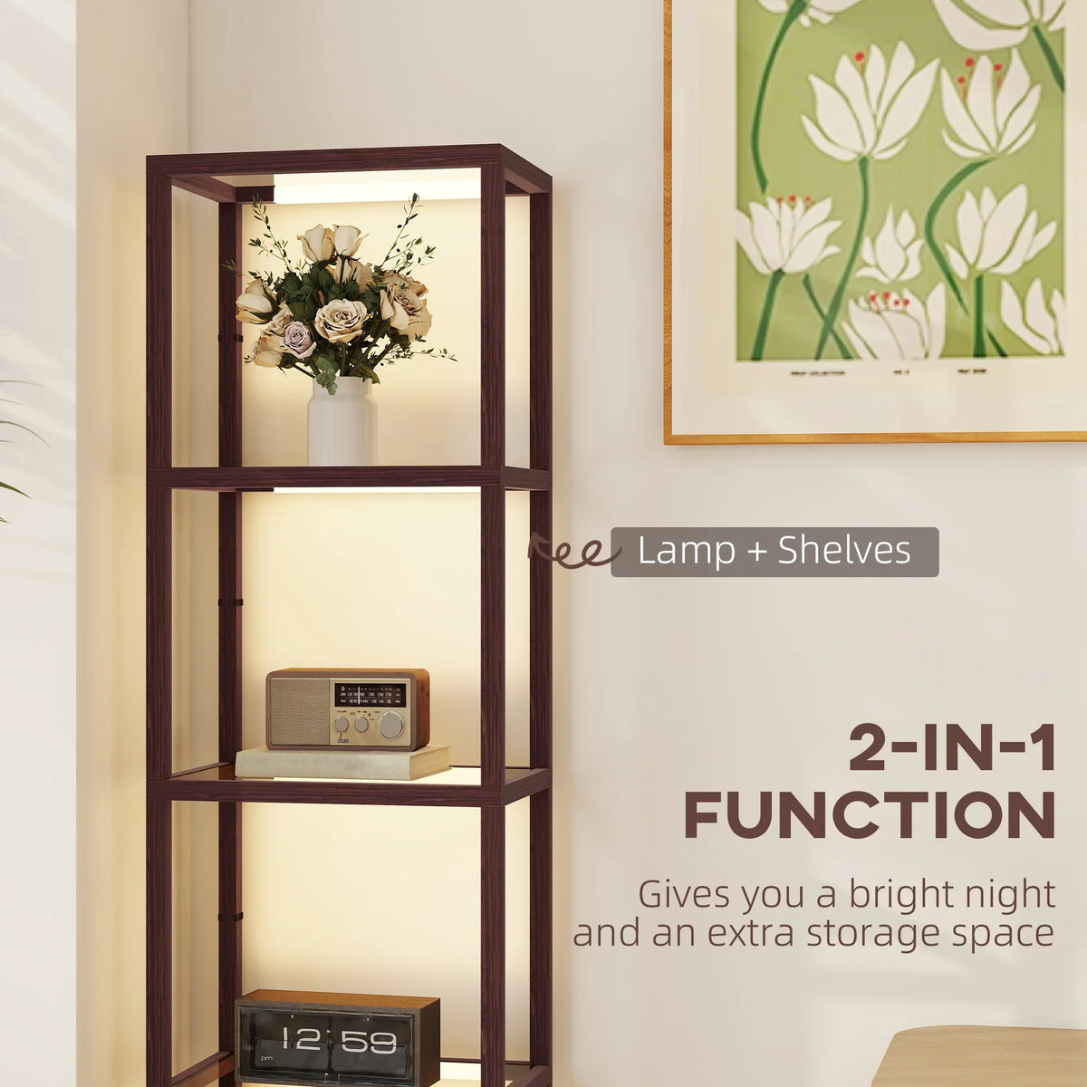 Dark brown floor lamp bookcase-style shelf with warm LED light and decorative items