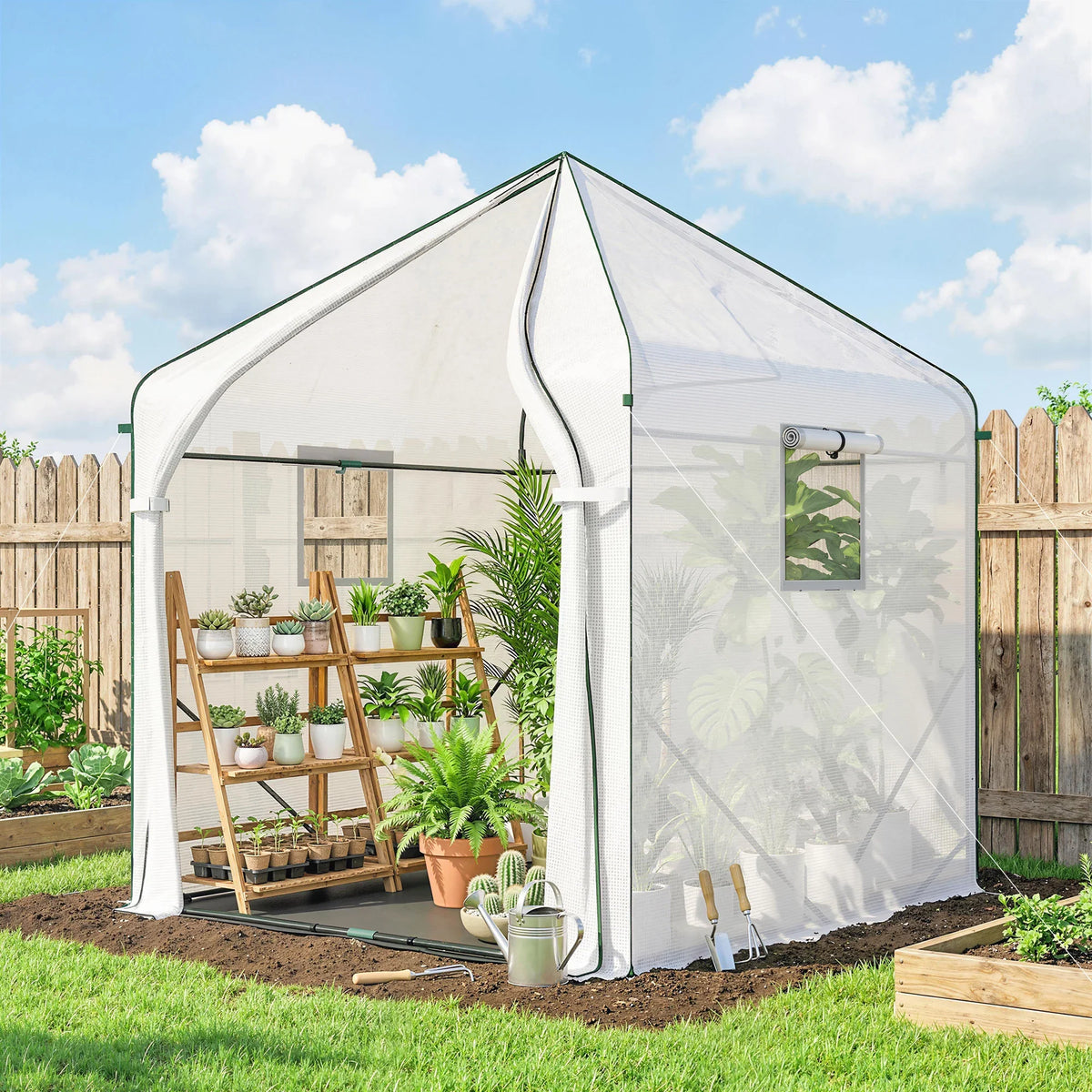 Large walk-in greenhouse with roll-up door and clear PE cover, steel frame, white.