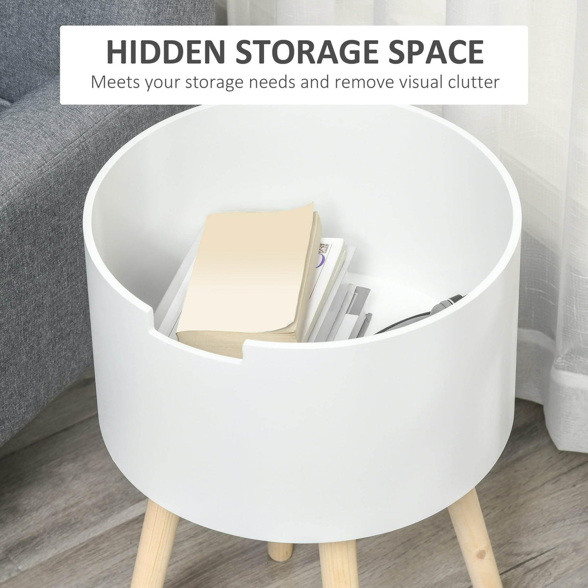 White round side table with hidden storage tray open, light wood legs