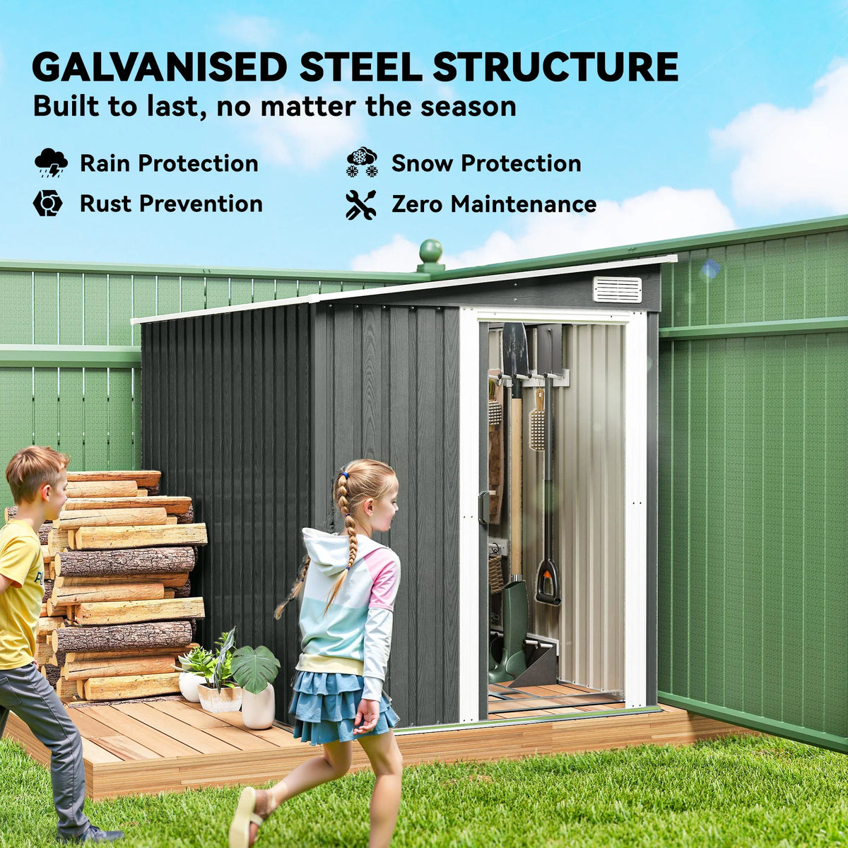 Light grey galvanised metal storage shed with open sliding door and side panels