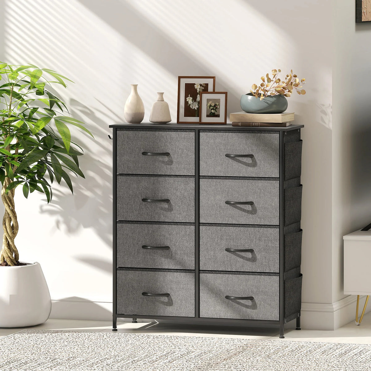 Charcoal grey fabric drawer cabinet with steel frame legs and eight storage drawers