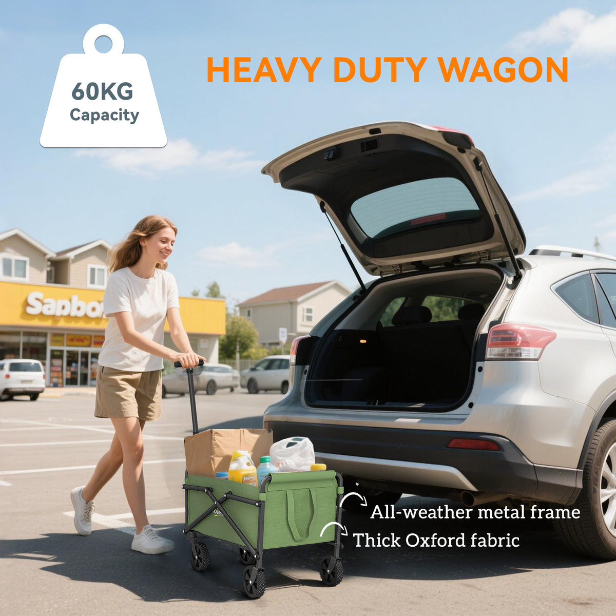 Green collapsible trolley wagon with fabric cover in an open car trunk, ready to load.