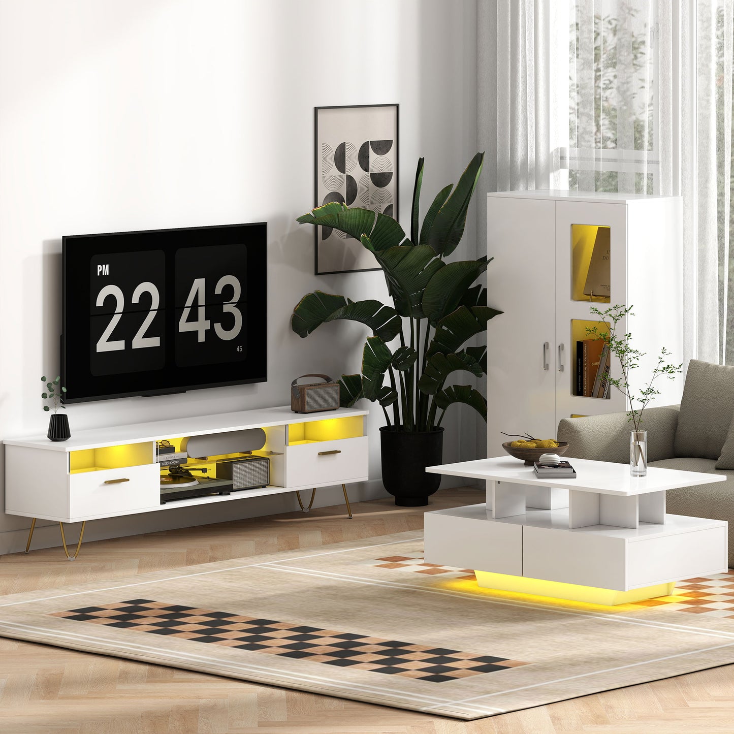 HOMCOM High Gloss Sideboard Display Cabinet With 16 Color RGB LED Lights Glass Doors And Shelves Remote Control White