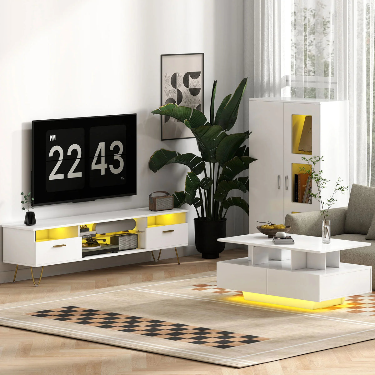 White high-gloss sideboard cabinet with glass door displays and warm LED accent glow