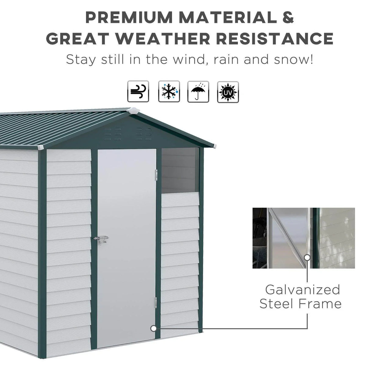 Green metal garden shed with white door and galvanized steel frame, sloped roof