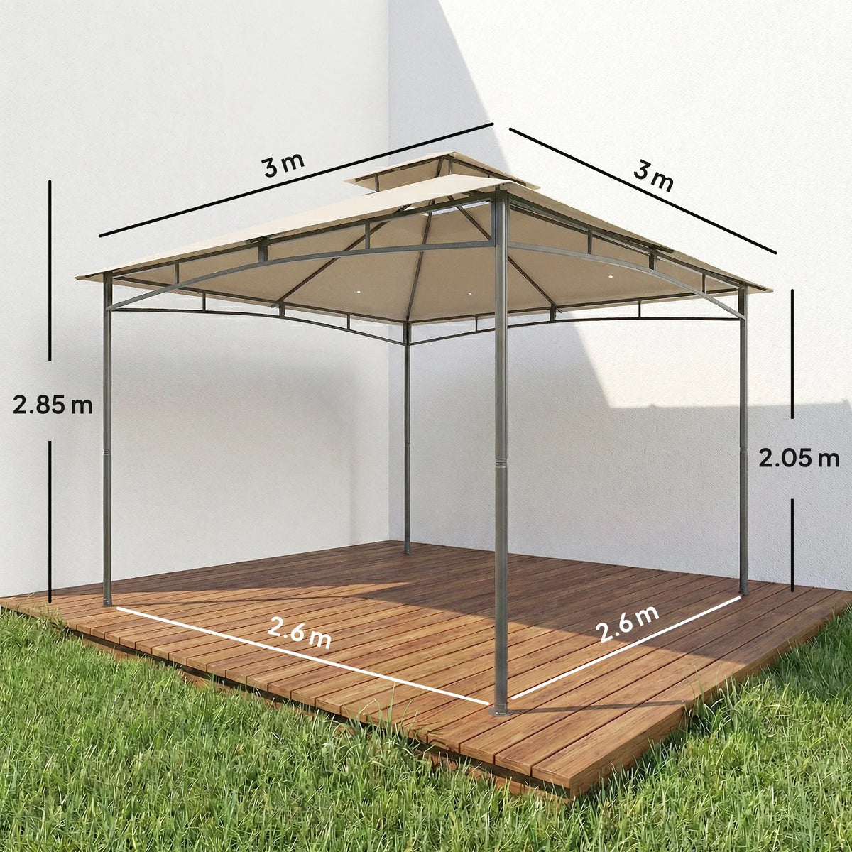 Khaki 3x3 m gazebo with two-tier roof and powder-coated frame, shown with height dimensions