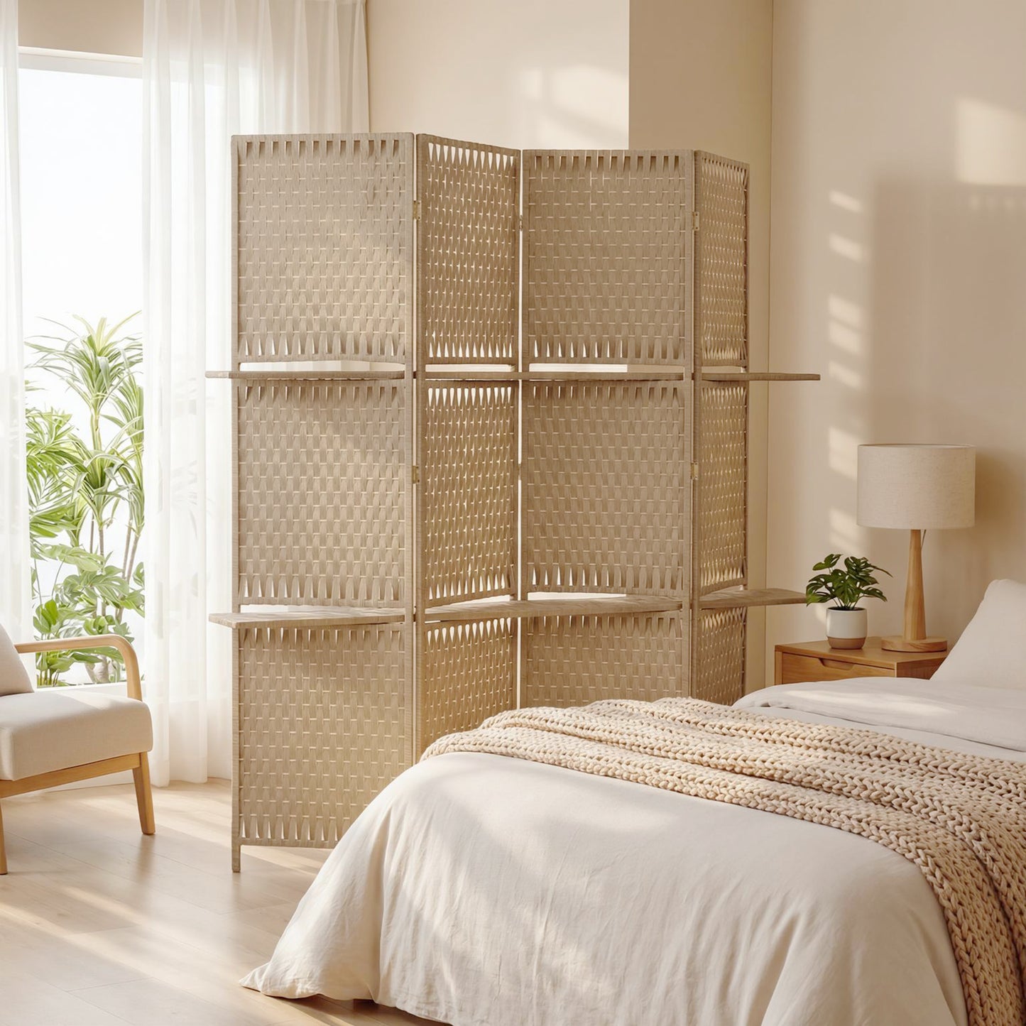 HOMCOM Wave Fibre Freestanding Folding Privacy Screen Panels Room Divider With Shelves Natural Wood Finish