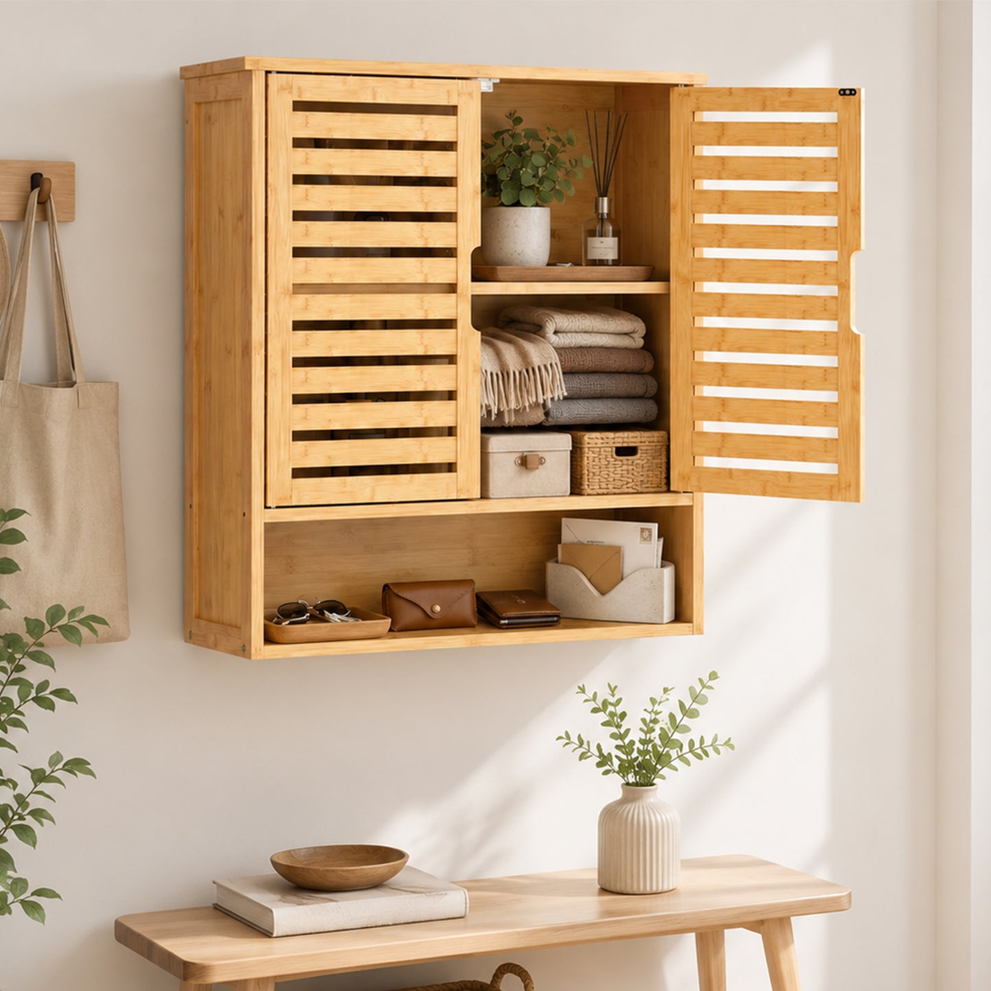 HOMCOM Bathroom Wall Cabinet Wall Mounted With 2 Louvered Doors Open Shelf And Adjustable Shelf Storage