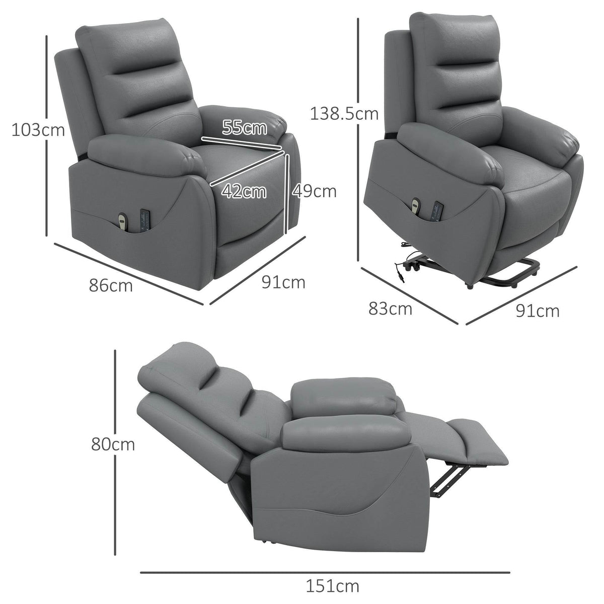 Gray power lift recliner chair with labeled dimensions and multiple lift/recline views