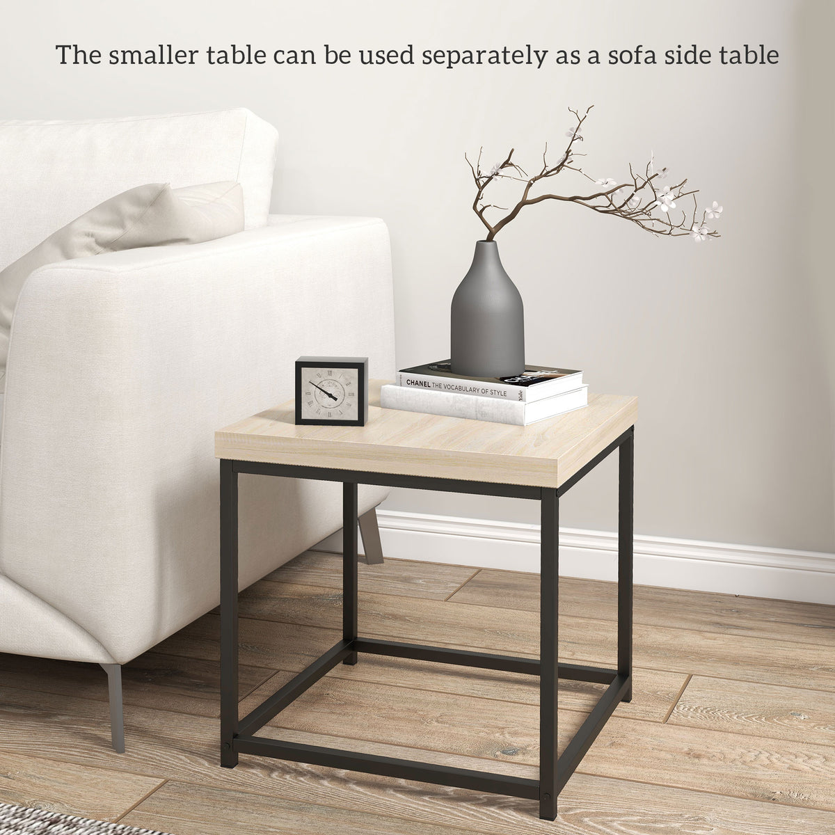 HOMCOM nesting coffee table set of 2 as sofa side tables, light oak top on black frame