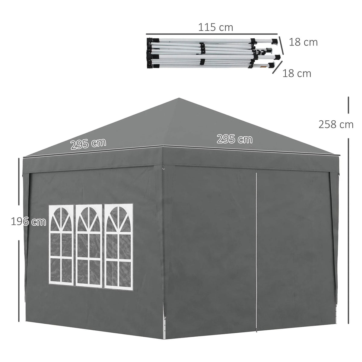 Grey pop-up canopy tent front with window panel and door seams, with size measurements