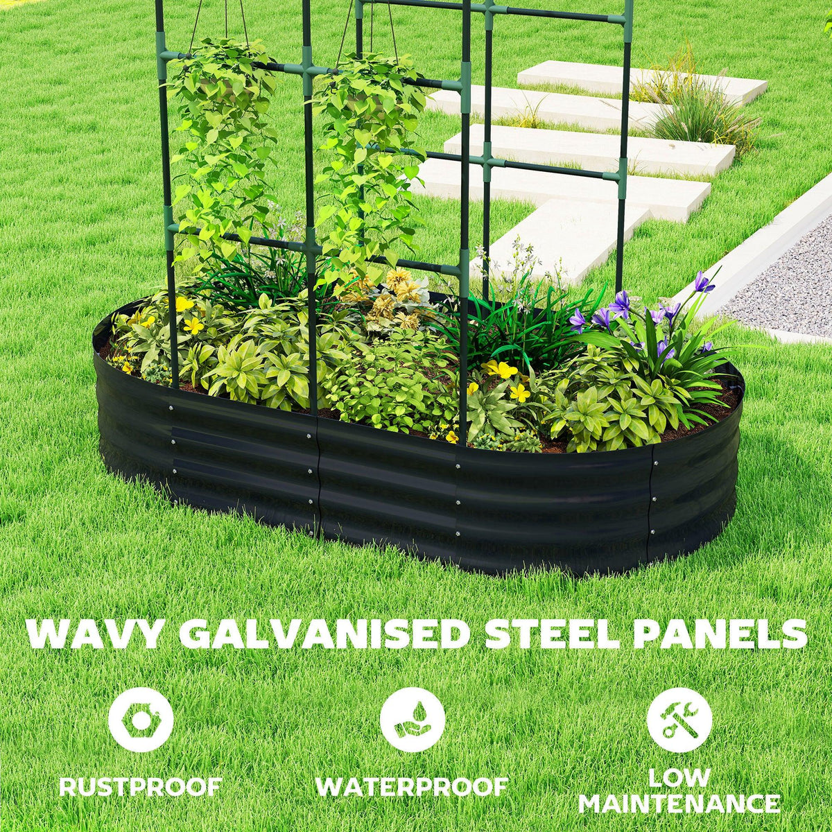 Dark grey circular raised garden bed with arched trellis, herbs and purple flowers