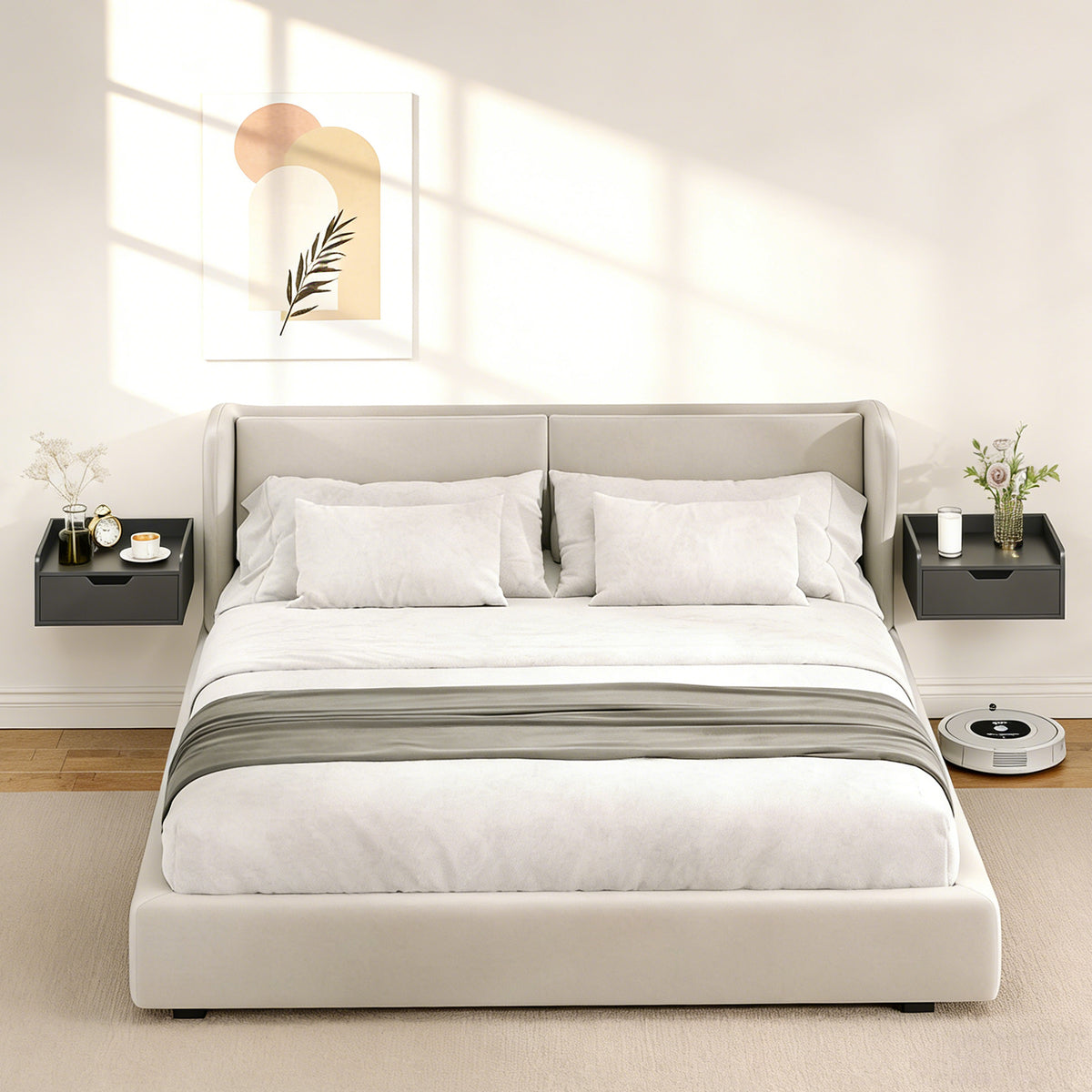 Black floating wall nightstand set with drawers on both sides of the bed