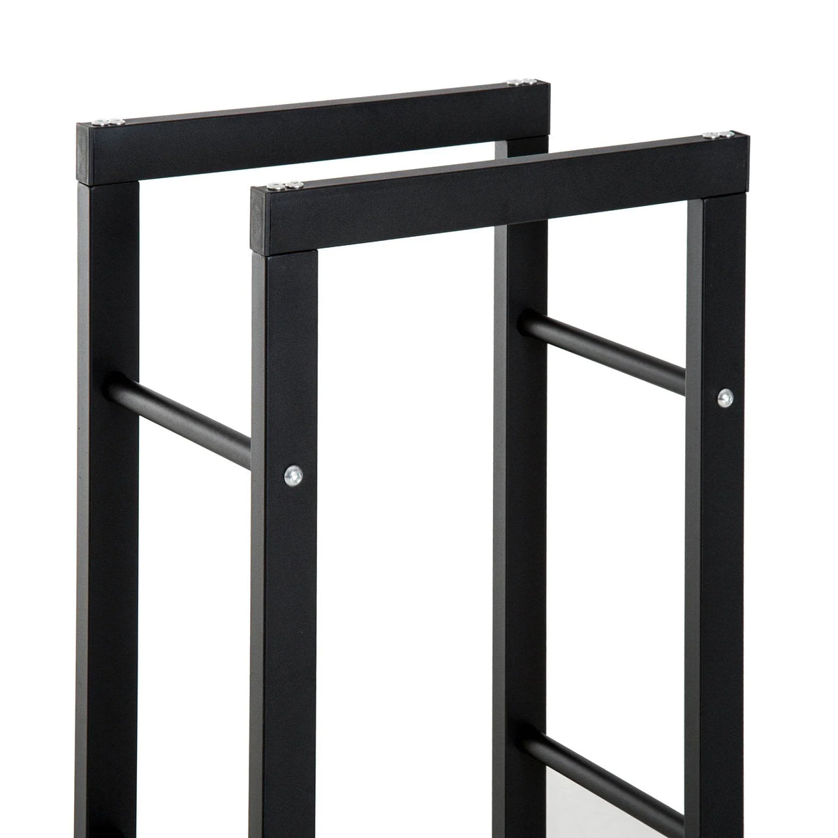 Black metal vertical firewood log holder rack with open side and bar supports