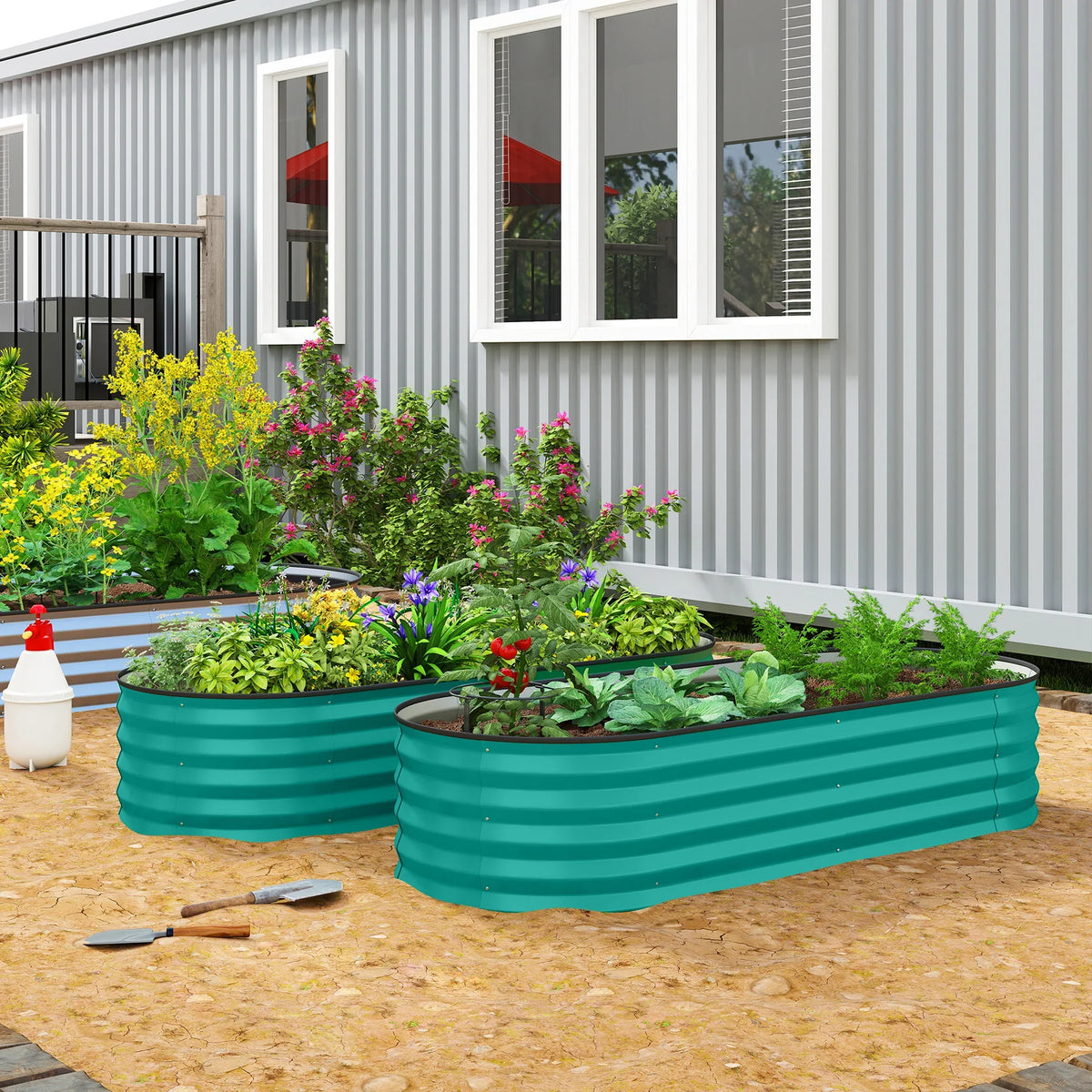 Green corrugated steel raised planter set of two, outdoors on gravel