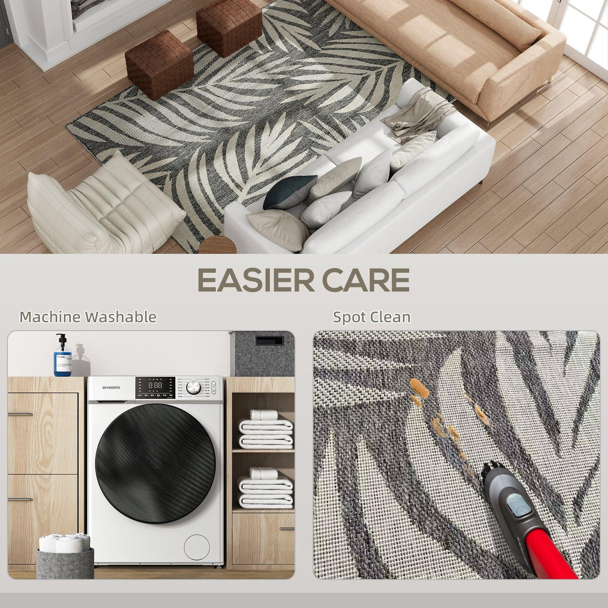 Grey leaf-pattern area rug with textured surface and stitched edging, shown from above.