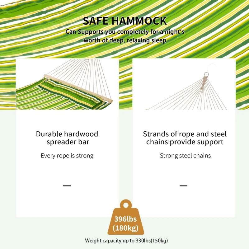 Green striped hammock with rope-and-steel chains and durable wooden spreader bar