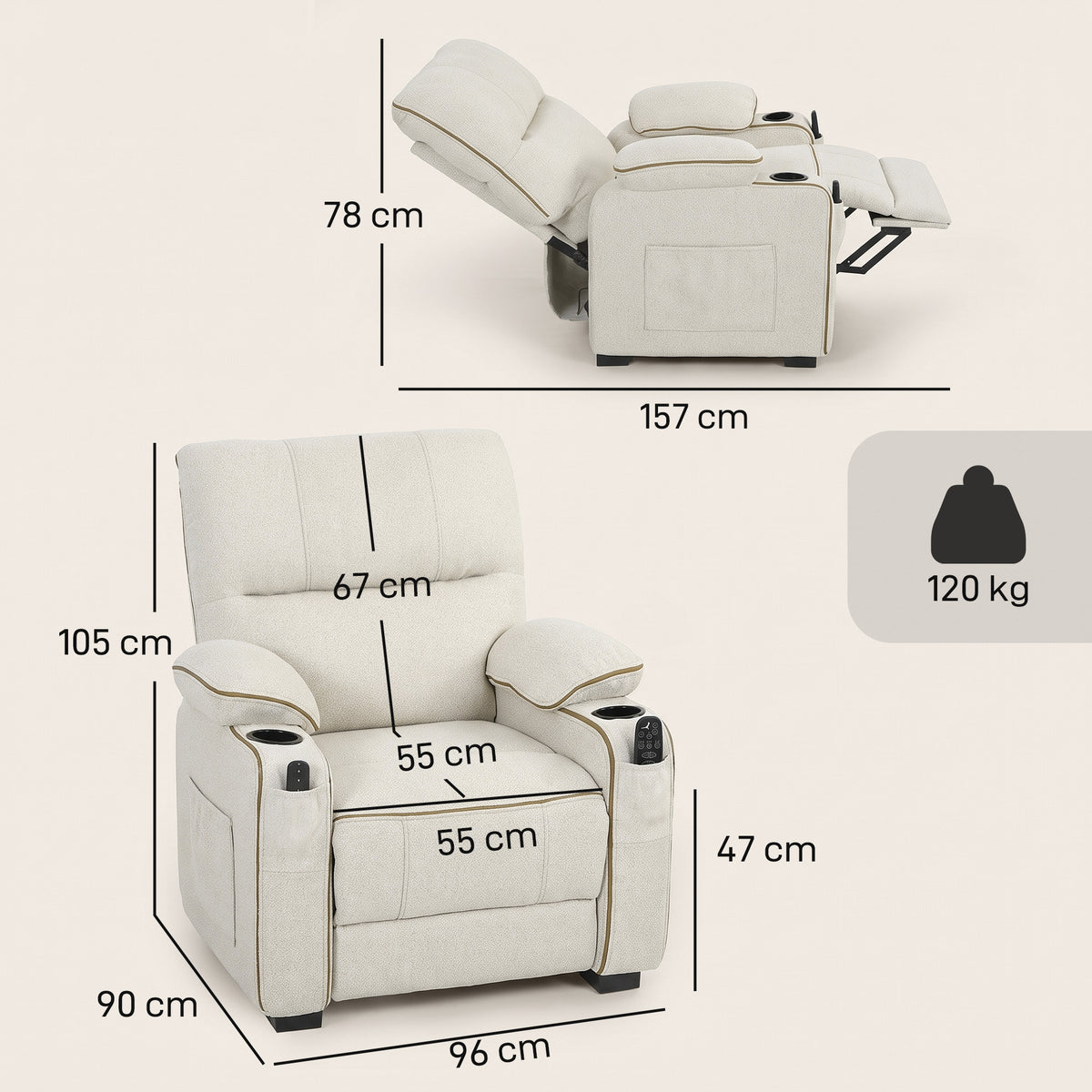 Beige electric massage recliner with printed size measurements