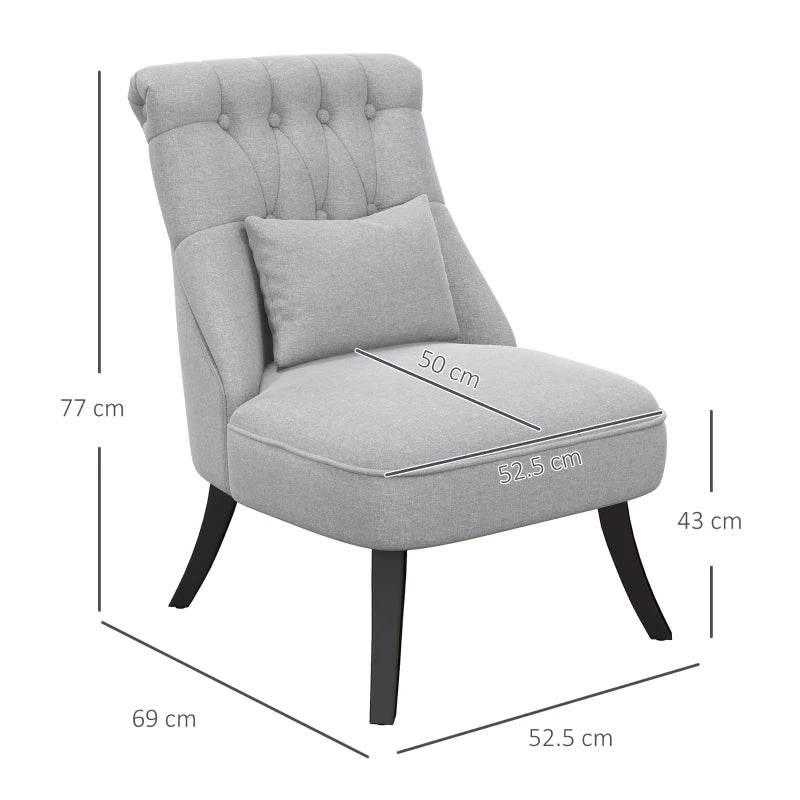 Grey single tub chair with tufted back, square seat cushion, and dark wood legs; size shown.