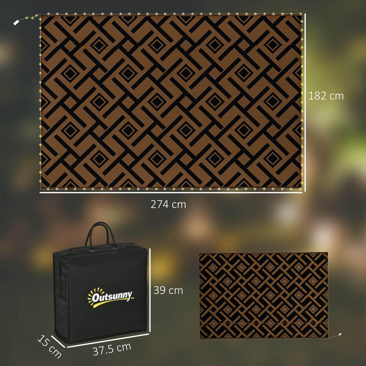 Brown and black reversible outdoor rug with LED border lights and geometric design, 182x274 cm