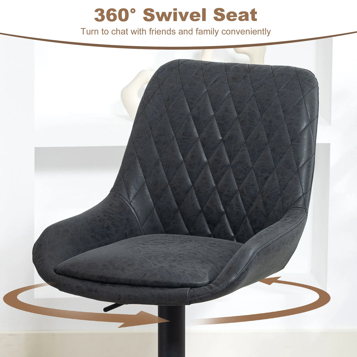 High-back bar stool with quilted faux leather seat that swivels on a black pedestal base
