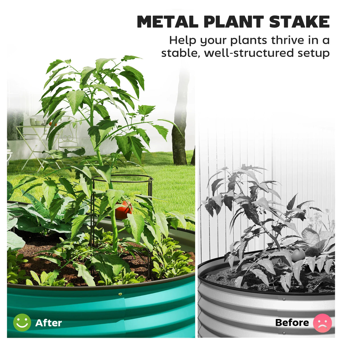 Green raised steel planter with plant support stake, before-and-after view