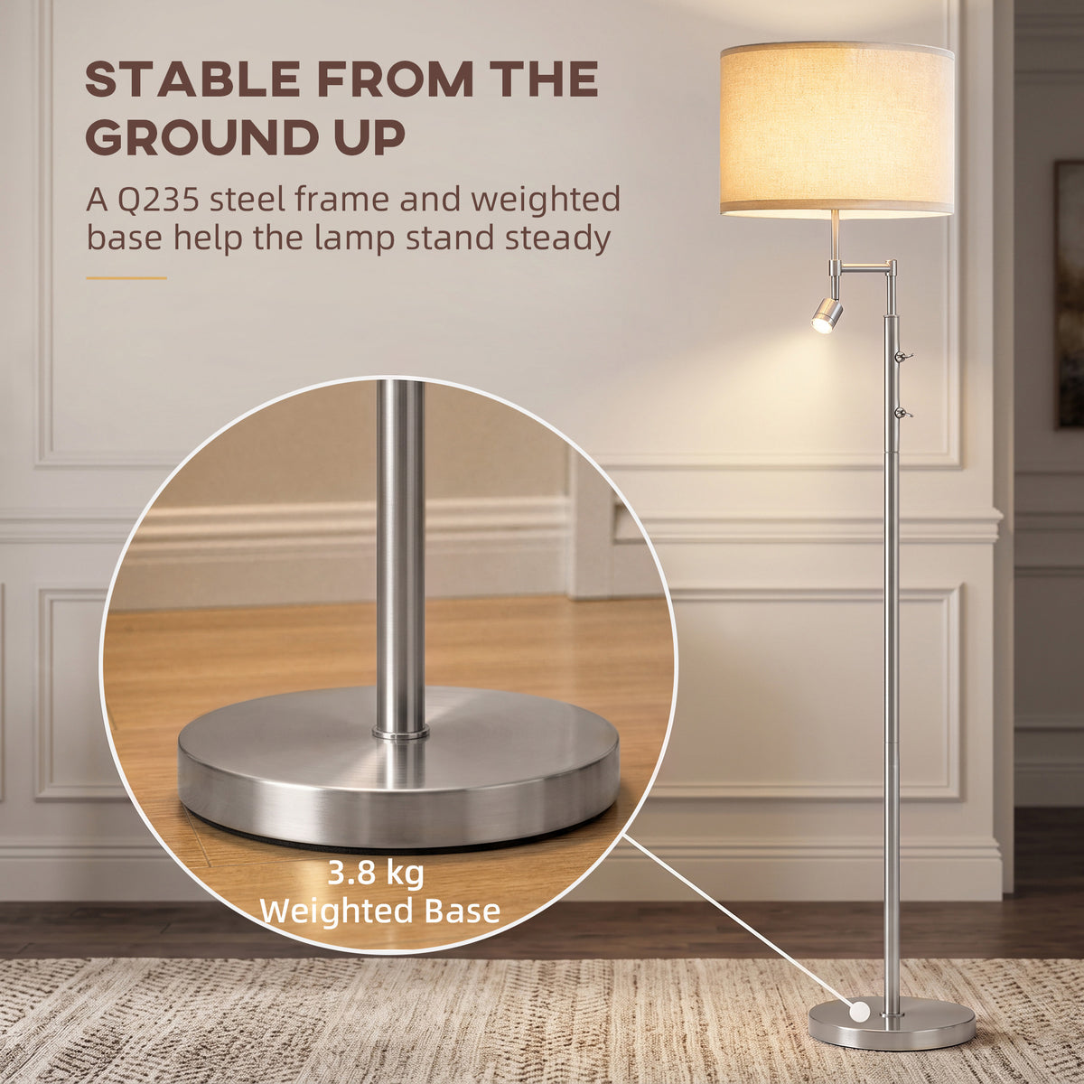 Homcom Modern Floor Lamp With Reading Light And Satin Nickel Finish