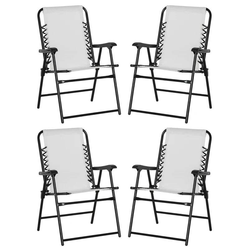 Cream white folding lounge chairs with black steel frame and armrests, set of four